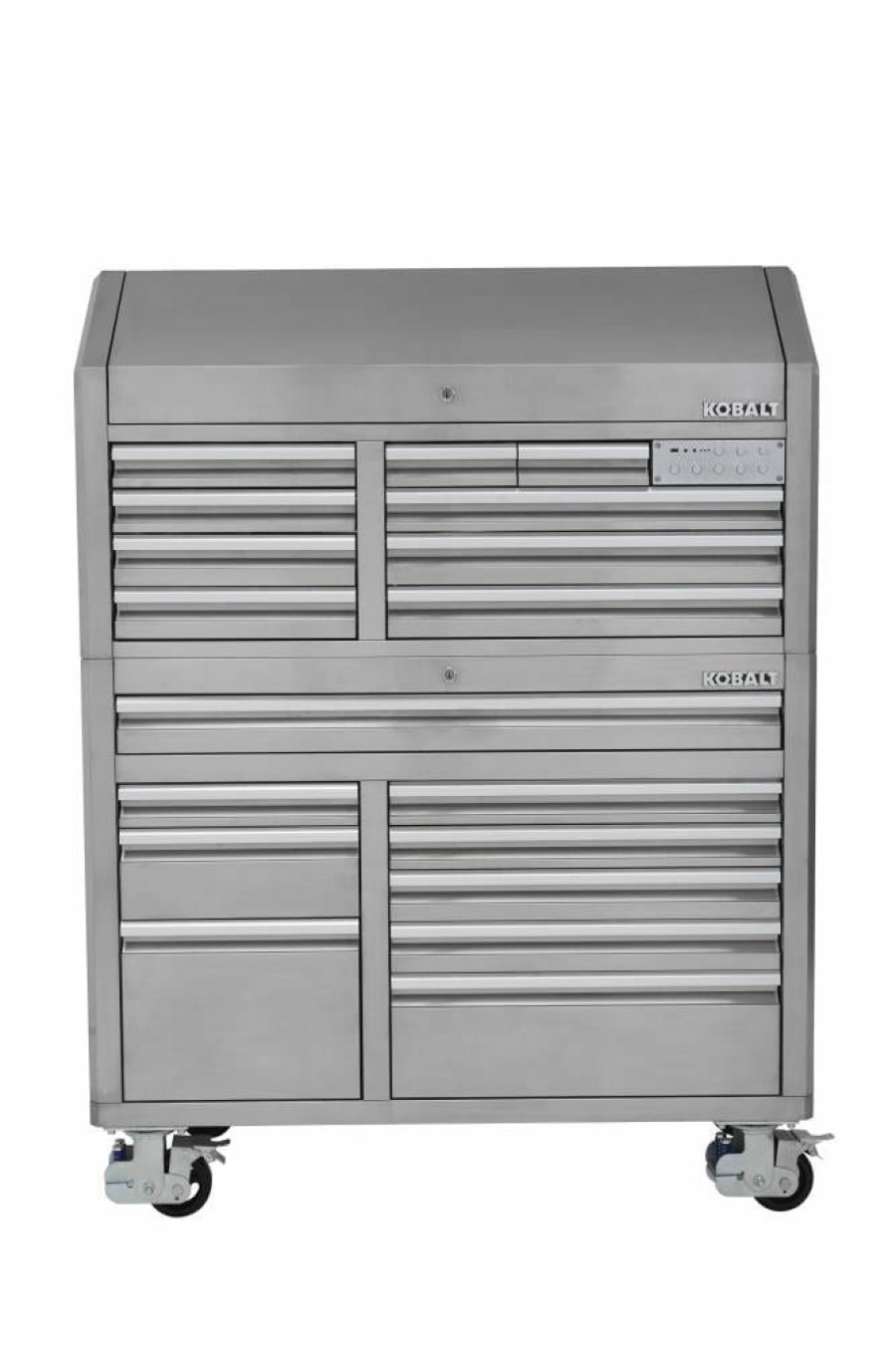 Tool Storage & Work Benches * | Wholesale Kobalt Bottom Tool Cabinets 3000 Series 53-In W X 68.7-In H 18-Drawer Stainless Steel Rolling Tool Cabinet (Stainless Steel)