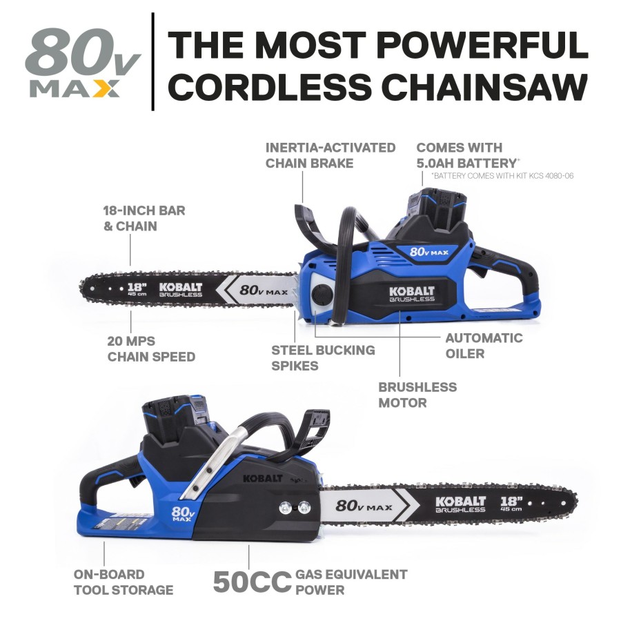 Outdoor Tools & Equipment * | Best Reviews Of Kobalt Cordless Electric Chainsaws 80-Volt Max 18-In Brushless Cordless Electric Chainsaw 5 Ah (Battery & Charger Included)